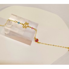 Παιδικό Βραχιόλι Χρυσό 9Κ - Παπούτσια πουέντ (Μπαλαρίνες), Ροζ και Γαλάζια Χάντρα και κόκκινο ματάκι (KID194)